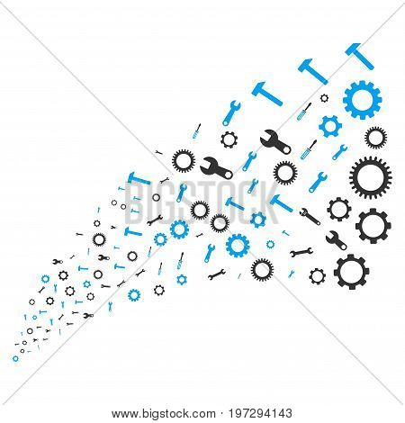 Source of setup tools icons. Vector illustration style is flat blue and gray iconic setup tools symbols on a white background. Object fountain created from icons.