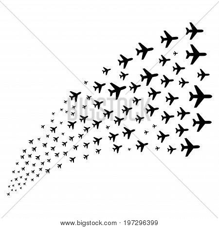 Source of air plane icons. Vector illustration style is flat black iconic air plane symbols on a white background. Object fountain done from icons.