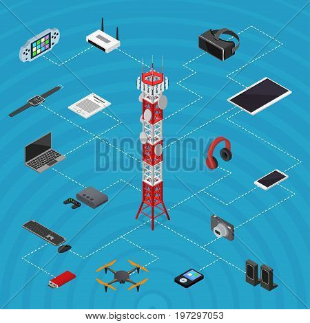 Communications Tower Mobile Phone Base and Element Set for Wireless Connections Isometric View. Vector illustration