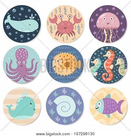 Stickers collection with cute sea animals. Great for baby shower and kids design. Whale, octopus, crab, jellyfish, seahorse, fish and shell. Vector illustration