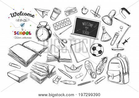 Welcome back to school collection. Vector hand drawn elements. School supplies. Books notebook copybook backpack lamp alarm clock football snickers chalkboard pencil marker eraser etc.