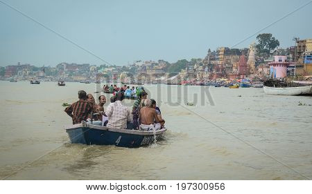 Tourist Boat On Ganges River In Varanasi, India