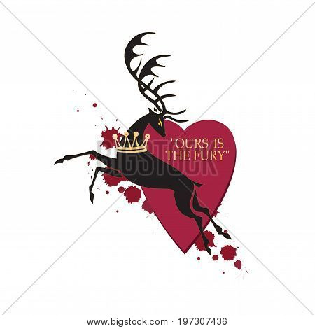 Royal deer on a background of hearts. Vector image with text. Design banners, icons for website, printed onto fabric or paper. The element of graphic design the printing on t-shirts.