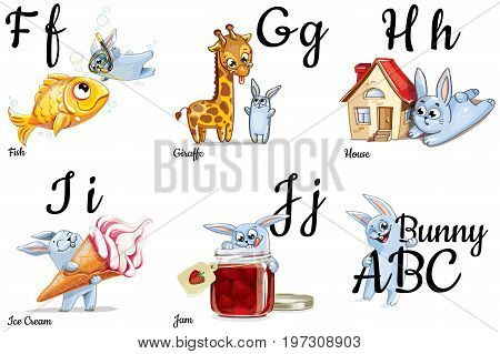 Vector bunny alphabet letters for children education with funny cartoon pictures. Isolated. Learn to read.