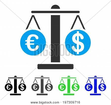 Euro And Dollar Scales flat vector pictograph. Colored Euro and dollar scales gray, black, blue, green icon versions. Flat icon style for application design.