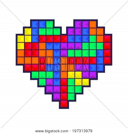 Mosaic heart colored brick games pieces isolated on white background. Heart old video game design for greeting card gift wrapping invitation printing valentine day card brochure or flyer. Vector illustration.