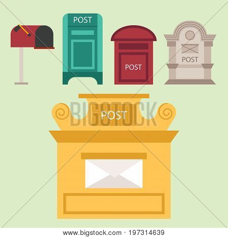 Beautiful rural curbside open and closed mailboxes with semaphore flag postbox vector illustration. Traditional communication empty postage post mail box. Letter message service correspondence.
