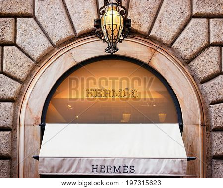Rome Italy - October 14 2016: Hermes Sign of street shop window Rome.