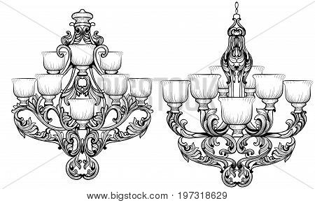 Rich Baroque Classic chandelier. Luxury decors accessory design. Vector illustration sketch