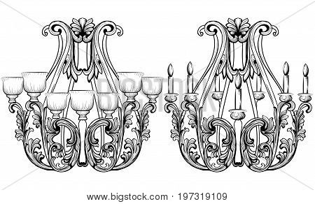 Rich Baroque Classic chandelier. Luxury decors accessory design. Vector illustration sketch