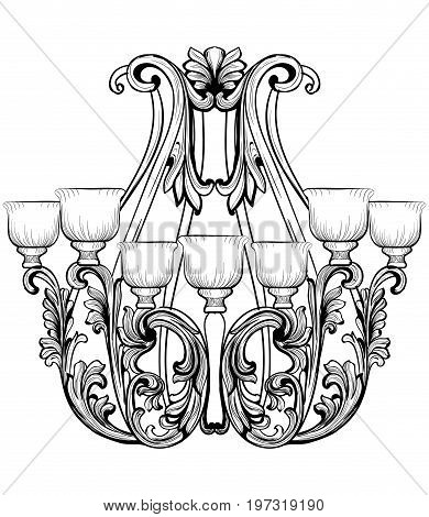 Rich Baroque Classic chandelier. Luxury decors accessory design. Vector illustration sketch