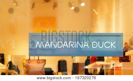 Mandarina Duck Sign On Street Shop Window Florence