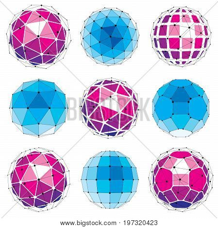 Collection of abstract vector low poly objects with lines and dots connected. Set of futuristic balls with overlapping lines mesh and geometric figures. 3d shapes can be used in technical modeling.