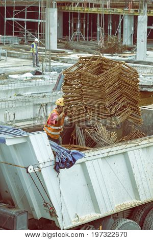 Crane Lifter Handling Bundles Of Angled Rebar Loading 4
