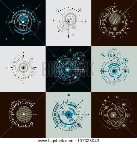 Set of modular Bauhaus vector backdrops created from geometric figures like circles and lines. Best for use as advertising poster or banner design. Abstract mechanical schemes.
