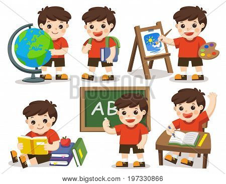 Isolated vector. Back to school. A cute student study in school drawing a picture reading books.