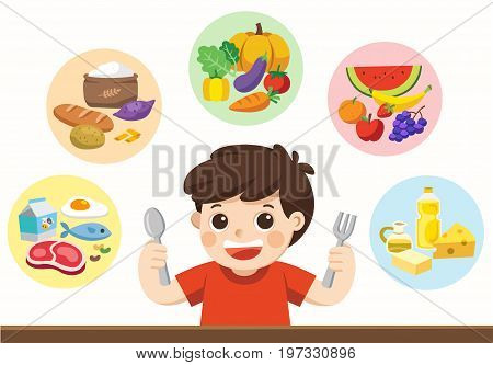 Isolated vector. A cute boy with The five food group. Let's get something to eat!