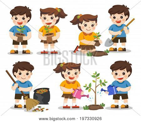 Isolated vector. Set of cute kids volunteers. Save Earth. they planted and watering young trees. A cute boy gathering garbage.