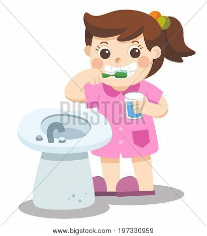 Isolated vector. A Little girl happy to brush teeth in the morning.
