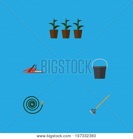 Flat Icon Garden Set Of Hosepipe, Hacksaw, Flowerpot And Other Vector Objects
