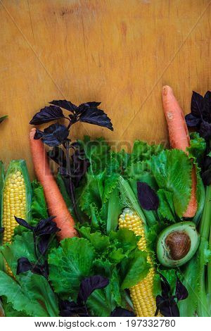 Vegetable Background With Copy Space. Lettuce, Basil, Three Carrots, Two Corns And Half Avocado On W