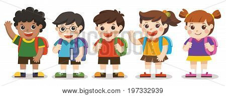 Isolated vector. Back to schoolCute kids go to school Set of diverse Kids and Different nationalities isolated on white background.