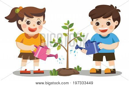 Isolated vector. Cute kids volunteers planted and watering young trees. Save The Earth.