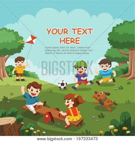 Illustration of Happy excited kids having fun together on playground. Children play outsid