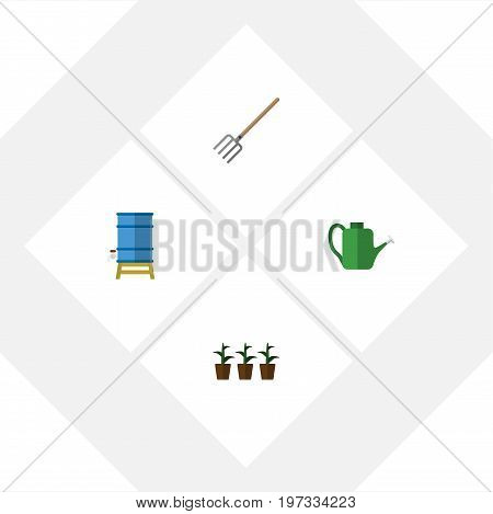 Flat Icon Farm Set Of Container, Hay Fork, Bailer And Other Vector Objects