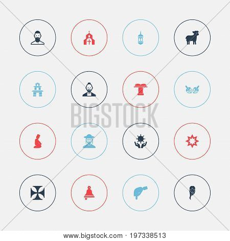 Set Of 16 Editable Religion Icons. Includes Symbols Such As Solar, Sacrifice Sheep, Minaret And More