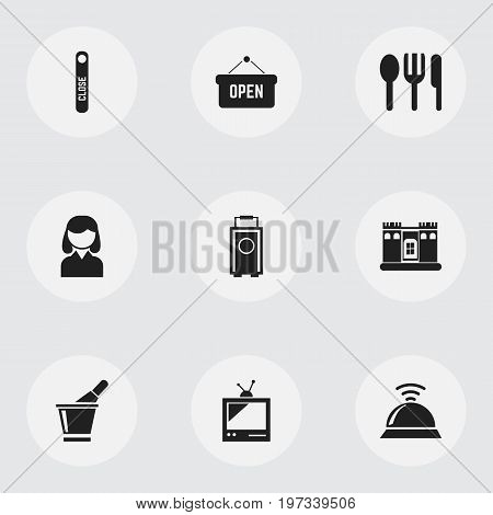 Set Of 9 Editable Plaza Icons. Includes Symbols Such As Baggage, Tv, Restaurant And More