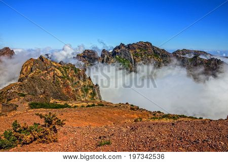 Madeira island, mountain, rock landscape view, Portugal. Peak Ariero Pico Arierio