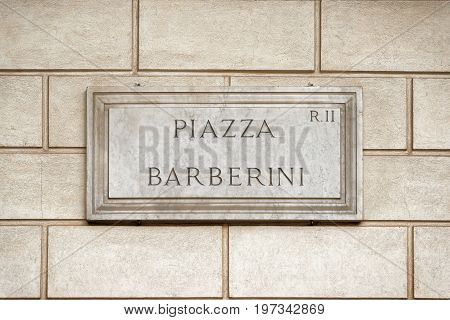 Piazza Barberini Street Sign On Wall In Rome