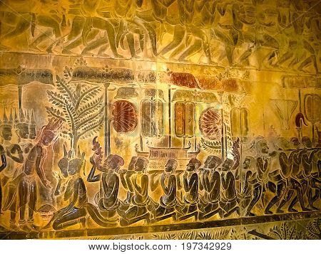 The detail of stone carvings in the Angkor Wat, Cambodia.
