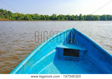 Boat trip on the Mandovi river in Salim Ali Bird Sanctuary, Goa, India. The beach with mangrove tunnels on the horizon