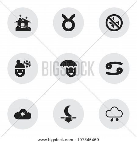 Set Of 9 Editable Weather Icons. Includes Symbols Such As Lunar, Boy In Winter, Bull And More