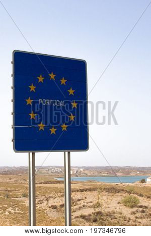 Portugal sign at border crossing Spain - Portugal near bridge