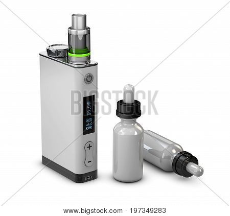 3D Illustration Of Vape And Bottle With Aromatic Oil. Vape E-liquid.