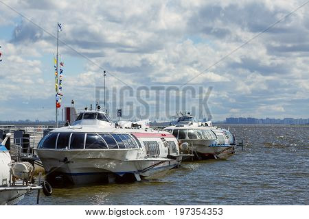 PETERHOF/ RUSSIA - JULY 2, 2017. Passenger mooring Peterhof for hydrofoil boats of the type Meteor, located at the open coast of Gulf of Finland in Peterhof (suburb of St. Petersburg), Russia