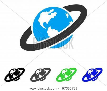 Ringed Planet flat vector illustration. Colored ringed planet gray, black, blue, green icon versions. Flat icon style for graphic design.
