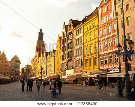 WROCLAW, POLAND - CIRCA 2014: Typical colorful houses on Market square in Wroclaw, Poland. Wroclaw is the capital of Silesia and Lower Silesia.