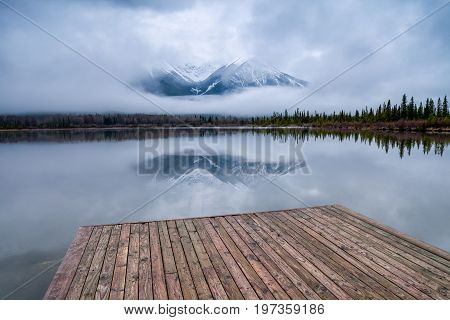 Wooden dock at Vermillion Lakes near the Banff townsite in Banff National Park, Alberta, Canada