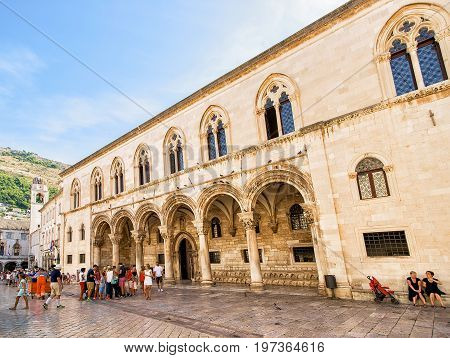 Tourists In Square At Stradun Street In Old City Dubrovnik