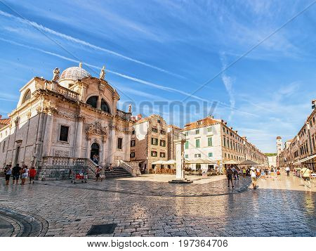 St Blaise Church And Orlando Column At Stradun Street Dubrovnik