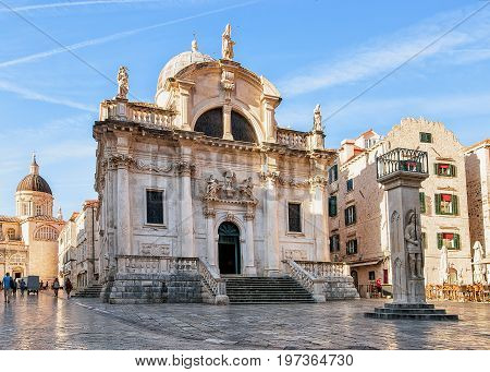 Square At St Blaise Church And People At Stradun Dubrovnik