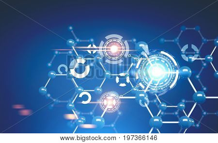 Close up of HUD and blue atomic grids is seen against a blurred blue background. Concept of medicine and science. Toned image double exposure