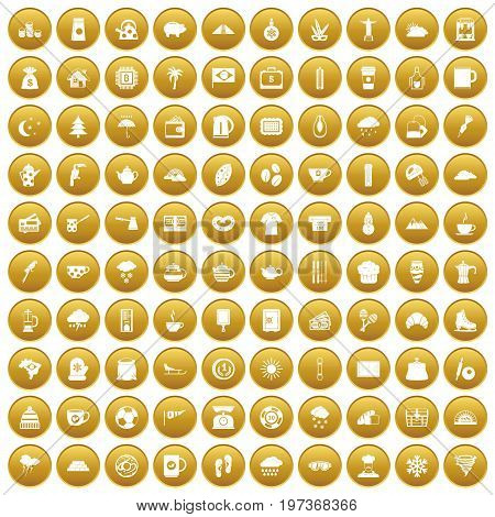 100 coffee cup icons set in gold circle isolated on white vectr illustration