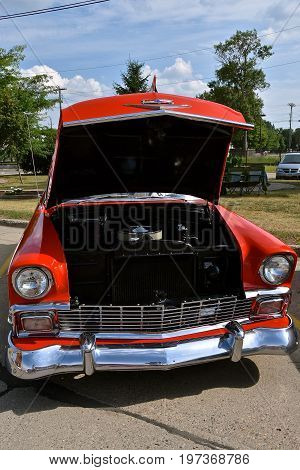 CASSELTON, NORTH DAKOTA, July 27, 2017: The annual Casselton Car Show which occurs the last Thursday of July features classic vehicles such as the 1956 two door Chevy.