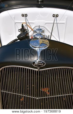 CASSELTON, NORTH DAKOTA, July 27, 2017: The annual Casselton Car Show which occurs the last Thursday of July features classic vehicles such as the grill of a 1931 Model A FordStreet Rod