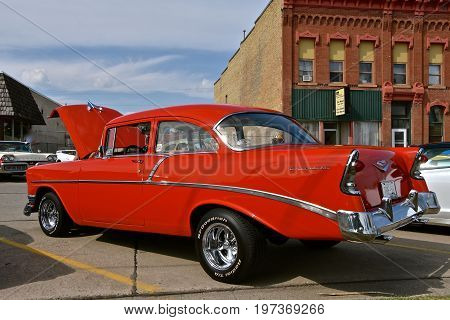 CASSELTON, NORTH DAKOTA, July 27, 2017: The annual Casselton Car Show which occurs the last Thursday of July features classic vehicles such as the 1956 two door Chevy.